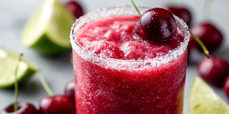 Colorful Frozen Cherry Lime Margarita served in a glass.
