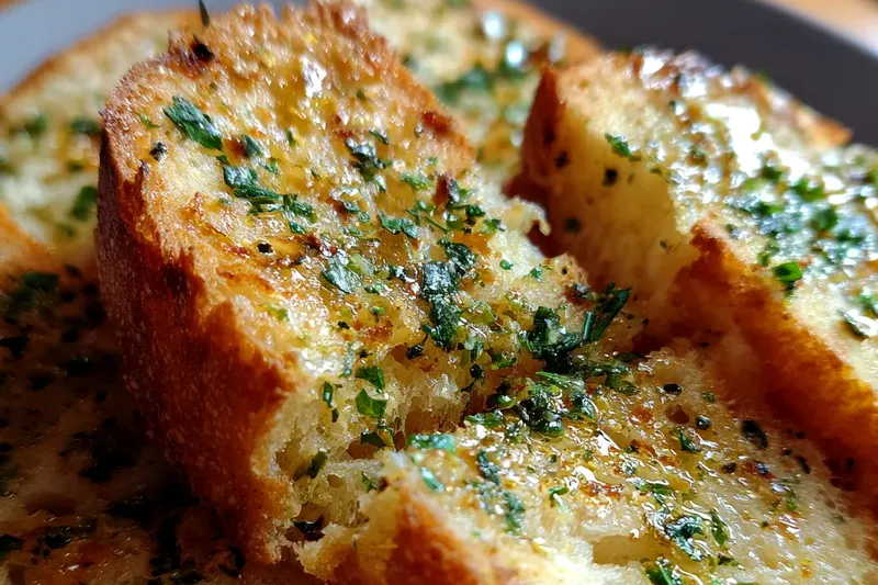 Hands spreading golden garlic butter mixture evenly across the cut surface of French bread on a parchment-lined baking sheet