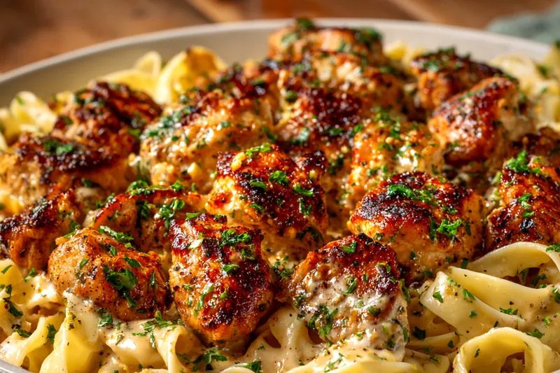 Golden-brown chicken bites being sautéed in garlic butter in a stainless steel skillet with fresh parsley garnish
