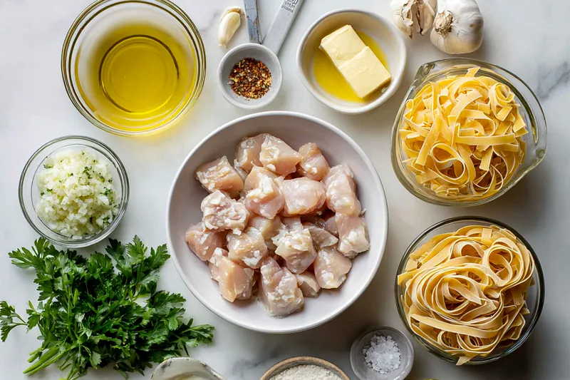 All ingredients for garlic butter chicken pasta arranged on marble surface including cubed chicken, pasta, garlic, cream, Parmesan, butter, and fresh herbs