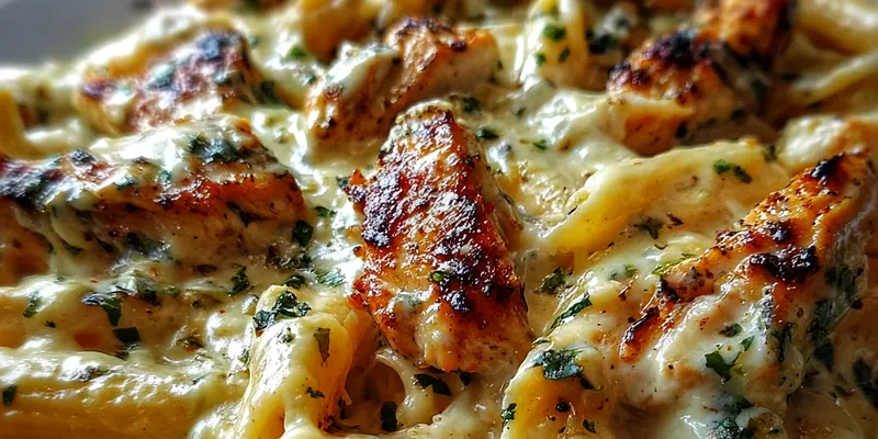 A large serving bowl filled with creamy garlic butter chicken penne pasta, showing tender pieces of golden chicken mixed with al dente penne noodles coated in a rich, glossy three-cheese sauce, garnished with fresh parsley and grated Parmesan
