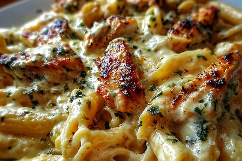 An organized display of fresh ingredients including raw chicken pieces, penne pasta, three types of grated cheese, minced garlic, fresh herbs, and cream arranged on a marble countertop