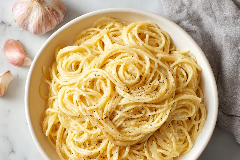 Fresh ingredients for garlic butter pasta including garlic and parsley