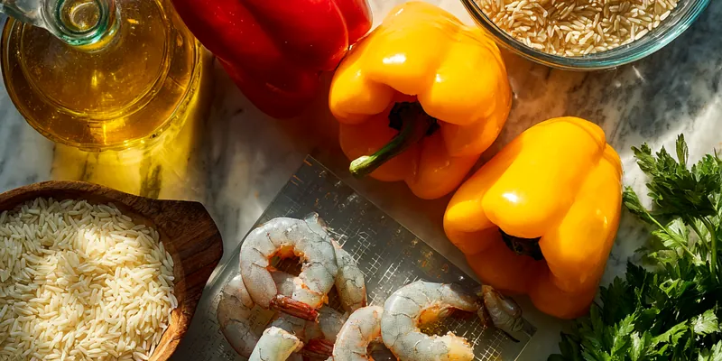 Golden-topped garlic butter shrimp stuffed peppers in red and yellow bell peppers on a white ceramic baking dish, with melted cheese bubbling and fresh parsley garnish, photographed from a 45-degree angle with natural lighting