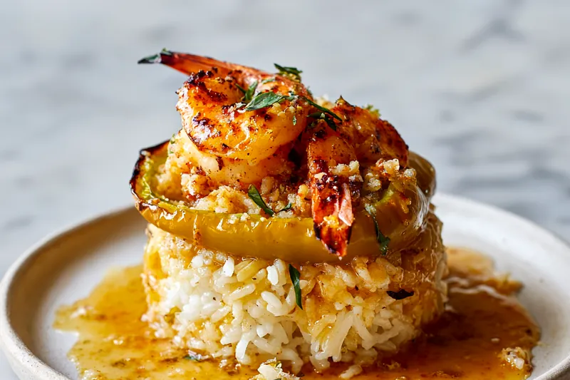 Overhead view of recipe ingredients arranged on a white marble counter: colorful bell peppers, raw pink shrimp in a bowl, white rice, fresh garlic cloves, butter sticks, shredded cheese in bowls, fresh parsley, lemon halves, and spices in small dishes