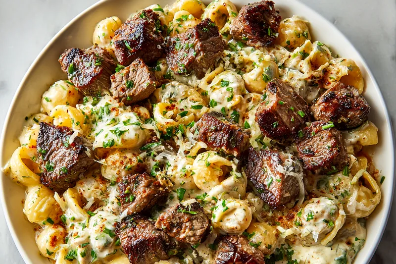 Flat lay of steak, pasta, Parmesan, garlic, cream, butter, and seasonings