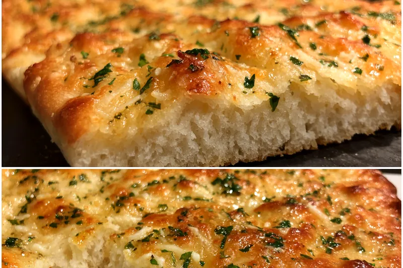 Freshly baked garlic parmesan focaccia bread cooling on a rack