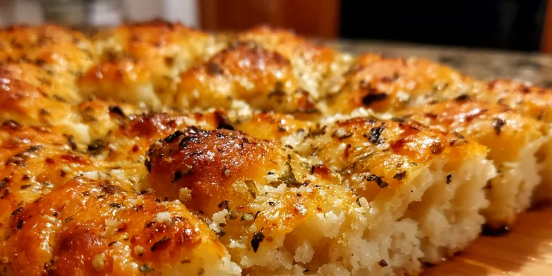 Golden brown garlic parmesan focaccia bread on a wooden cutting board