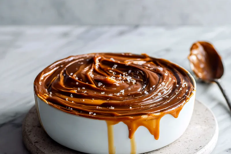 Melted chocolate being poured into a dessert layer