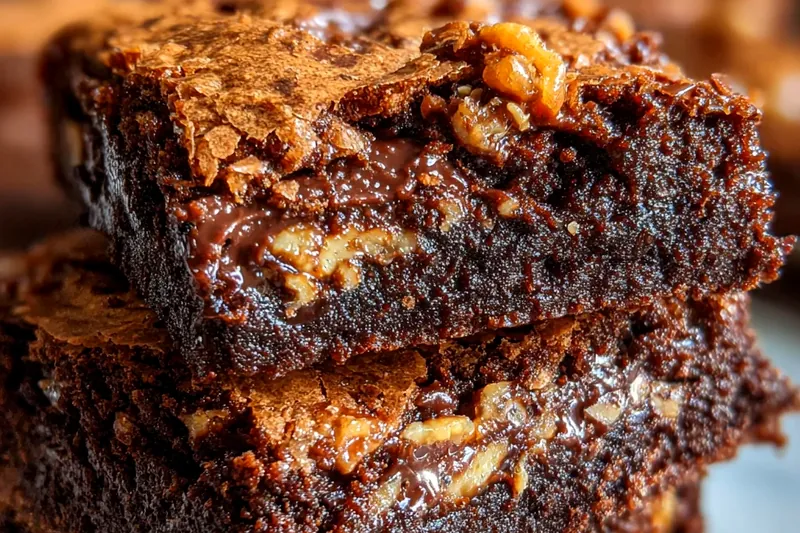 Brownie batter being poured into parchment-lined baking pan showing thick, glossy chocolate mixture