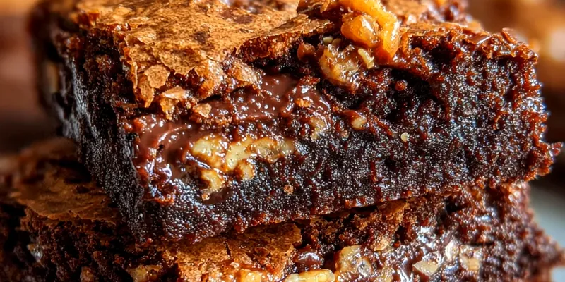 Square cut gooey brownies on white parchment paper showing fudgy interior with chocolate chips and glossy top