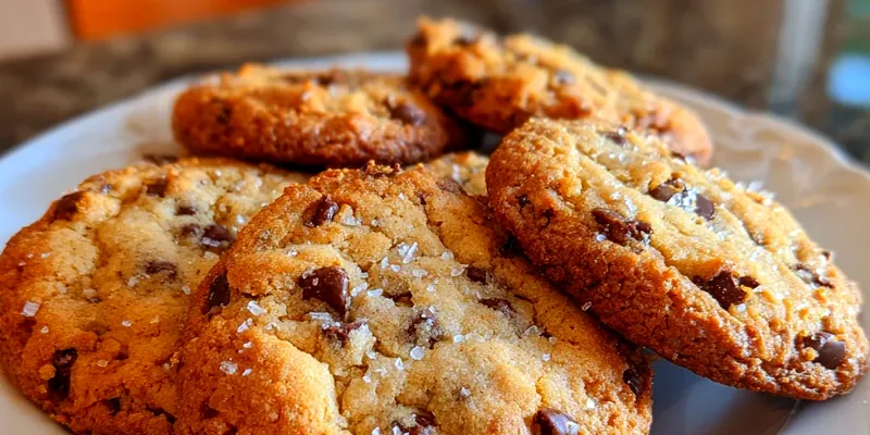 Stack of three golden-brown jumbo chocolate chip cookies with melted chocolate chips visible and flaky sea salt on top, photographed on parchment paper with warm lighting
