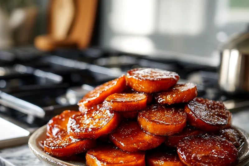 Close-up action shot of thick sweet potato rounds on a hot grill with visible grill marks and caramelization, tongs lifting one round to check doneness, light smoke rising from the grill grates