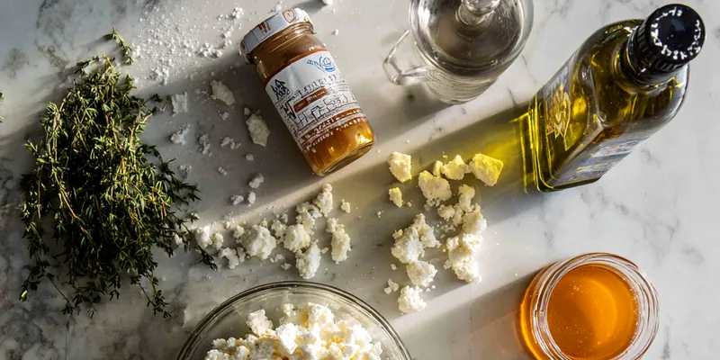 Grilled sweet potato rounds arranged on a cream ceramic plate, topped with crumbled white goat cheese and drizzled with golden honey, garnished with fresh thyme leaves and black pepper