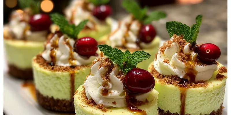 Festive Grinch Mini Cheesecakes with sprinkles and candy canes