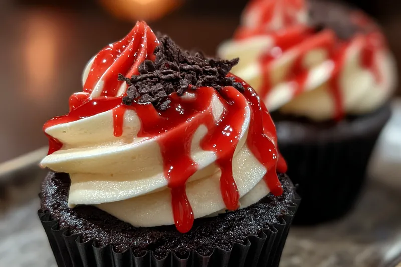 Baking Halloween Vampire Bite Cupcakes in the oven