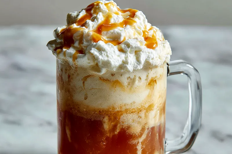 Overhead view of ingredients for butterscotch beer arranged on a white marble counter including dark brown sugar in a measuring cup, heavy cream in a glass pitcher, butter on a small plate, cream soda bottles, vanilla extract, and sea salt