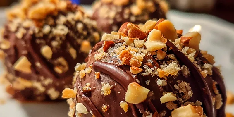 Golden-brown homemade Ferrero Rocher chocolates arranged on white parchment paper, showing the textured hazelnut coating and perfect spherical shape with one truffle cut in half revealing the wafer center
