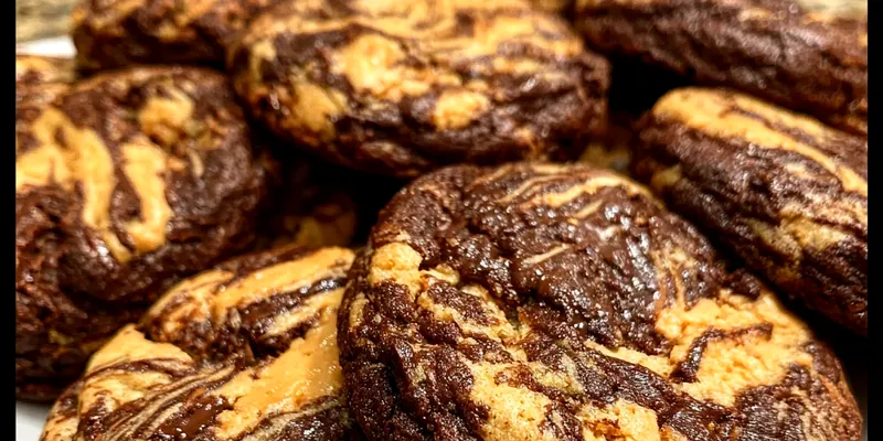 Golden brown peanut butter cookies with dark chocolate brownie swirls on a white plate, showing the marbled pattern and chewy texture