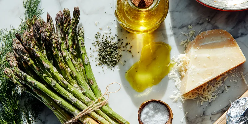 Bronze baking sheet filled with glistening honey glazed roasted carrots and asparagus, showing caramelized edges and vibrant orange and green colors on a marble countertop