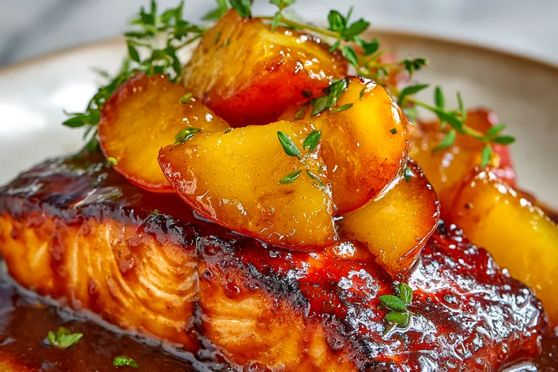 Close-up action shot of golden-brown salmon fillet being basted with glossy amber honey glaze using a spoon, with caramelized peach wedges and melted butter bubbling in a cast iron skillet, steam rising from the cooking process