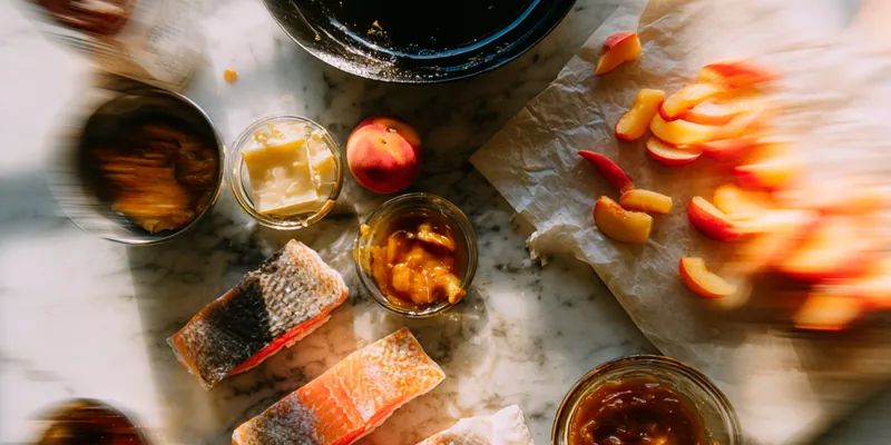 Golden-brown seared salmon fillet topped with glossy caramelized peach wedges in amber honey glaze, garnished with fresh green thyme sprigs, served on a cream-colored plate with rich brown sauce pooled around the fish