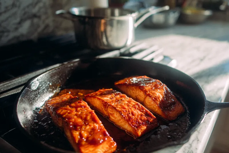 Overhead flat lay of fresh salmon fillets with vibrant pink flesh, golden honey in a glass bowl, ripe yellow-orange peach wedges, fresh green thyme sprigs, brown sugar, garlic cloves, and ginger root arranged on a white marble surface