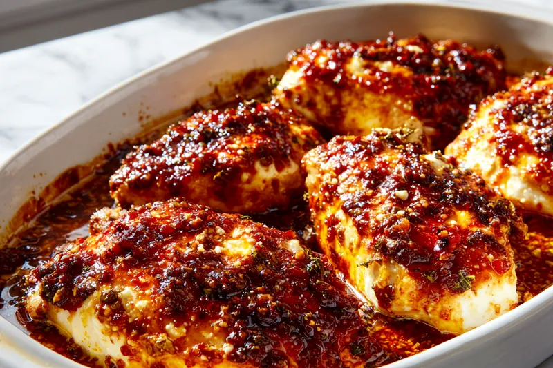 Action shot of honey butter glaze being brushed onto seared chicken breast in a cast iron skillet, with chopped pecans ready in a bowl nearby, warm lighting showing the golden-brown seared surface