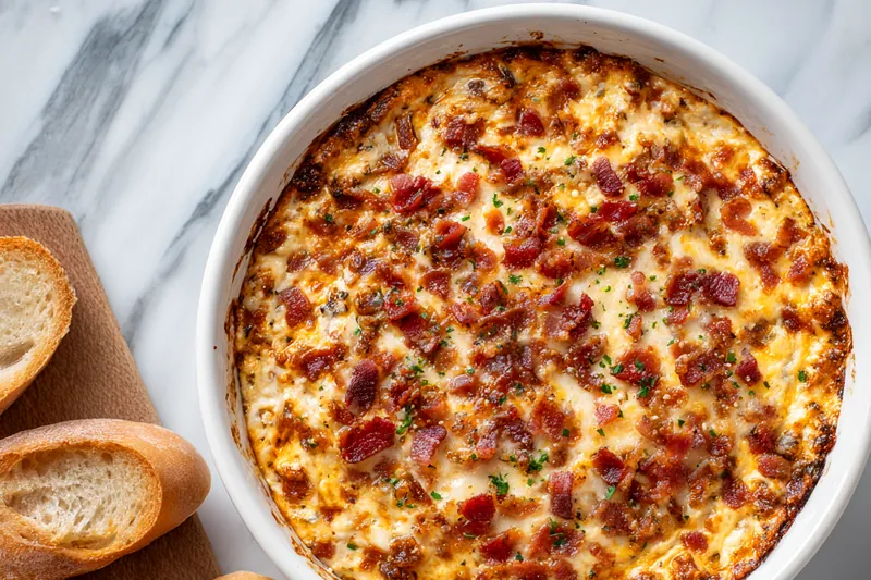 Hot Smoked Gouda Bacon Dip bubbling in the oven
