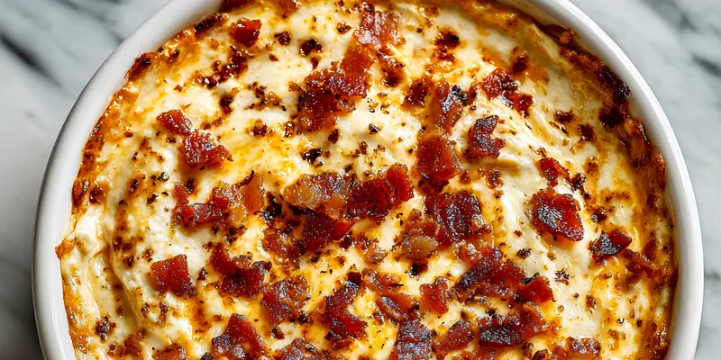 Creamy Hot Smoked Gouda Bacon Dip in a baking dish