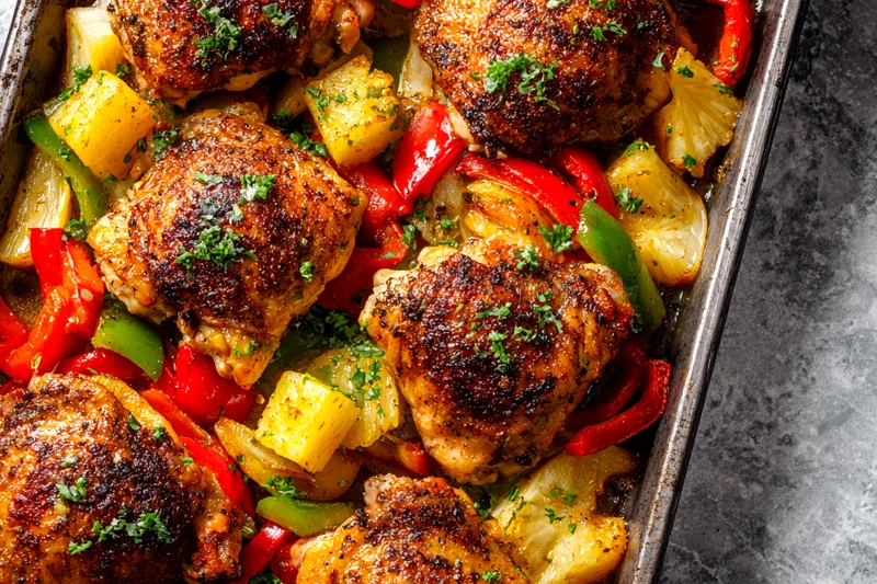 Close-up of chicken thighs sizzling in skillet with glossy pineapple teriyaki sauce being spooned over, showing caramelized pineapple rings and colorful bell peppers
