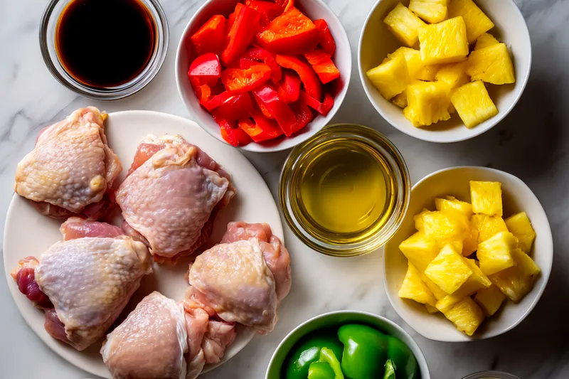 Flat lay of Hawaiian chicken ingredients including raw chicken thighs, pineapple rings, soy sauce, brown sugar, garlic, ginger, bell peppers, and fresh cilantro arranged on white marble surface