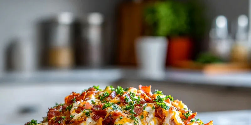 Plate of loaded bacon cheese fries topped with jalapeños and ranch