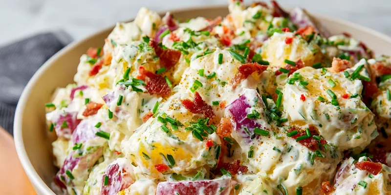 Creamy loaded baked potato salad in white bowl with bacon, chives, eggs and red onion on wooden board