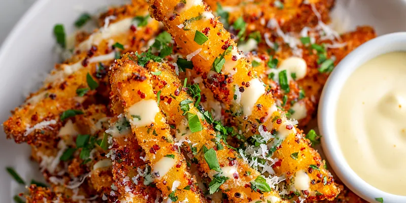 Golden crispy Louisiana Voodoo Fries piled high in white parchment paper, topped with creamy garlic aioli drizzle, Parmesan cheese, fresh parsley and scallions