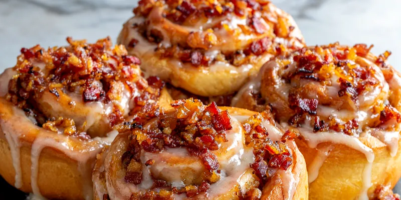 Stack of golden maple bacon cinnamon rolls with cream cheese glaze dripping down sides and crispy bacon topping on dark plate