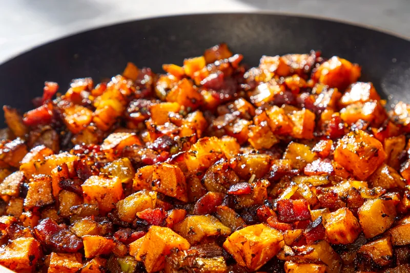 Action shot of golden-brown sweet potato cubes sizzling in a cast iron skillet with caramelized edges visible, steam rising, and crispy bacon pieces scattered throughout