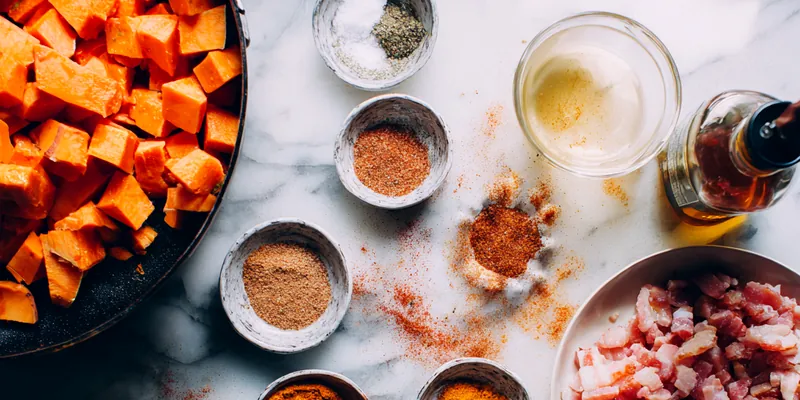 Golden caramelized sweet potato cubes topped with crispy bacon pieces and drizzled with maple syrup on a white plate, with visible herbs and a glossy glaze catching the light