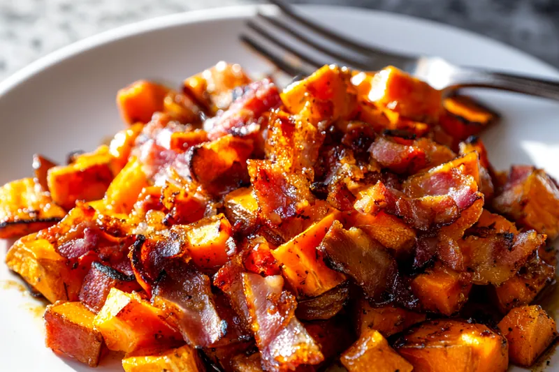 Overhead view of neatly organized ingredients including diced orange sweet potato cubes, strips of raw bacon, a small bowl of maple syrup, fresh thyme sprigs, and diced yellow onions on a marble countertop