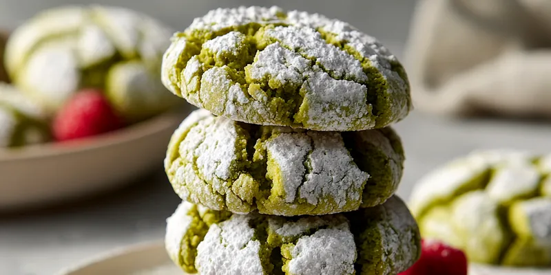 Stack of vibrant green matcha crinkle cookies with powdered sugar coating and fresh raspberries on white plate
