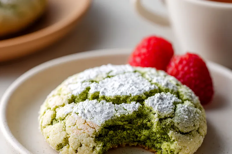 Overhead view of matcha cookie ingredients including vibrant green matcha powder, flour, sugar, butter, eggs arranged on marble surface