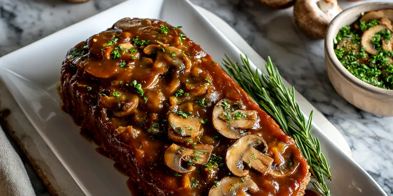 Delicious meatloaf topped with savory mushroom gravy on a plate.