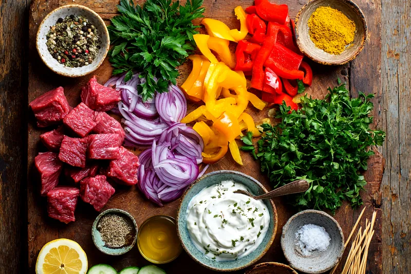 Grilling beef kebabs over an open flame, showing char marks and caramelized edges.