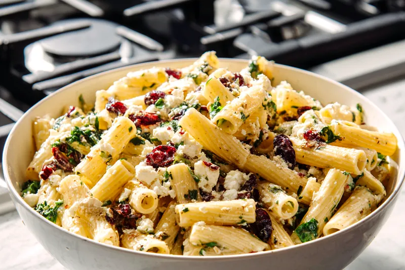 Action shot of hands tossing golden rigatoni pasta in a large stainless steel skillet with feta cheese melting into the pasta, sun-dried tomatoes visible, steam rising, with a wooden spoon lifting the pasta to show the creamy coating