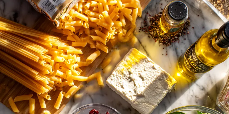 Large white serving bowl filled with golden rigatoni pasta tossed with crumbled white feta cheese, dark red sun-dried tomatoes, and fresh green spinach and herbs, photographed on a marble counter with a stovetop in the background