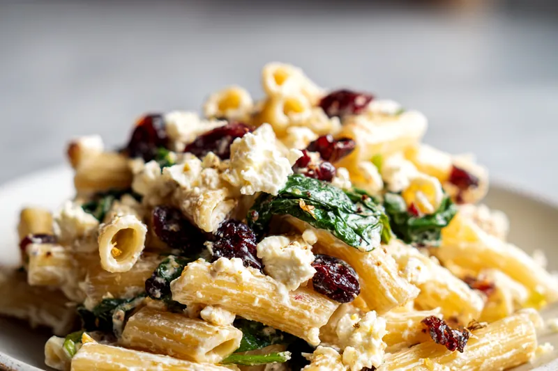 Overhead view of ingredients neatly arranged on a marble surface: a mound of dried rigatoni pasta, a small bowl of crumbled white feta cheese, red sun-dried tomatoes, fresh green spinach leaves, garlic cloves, fresh herbs, and small bowls of olive oil and spices