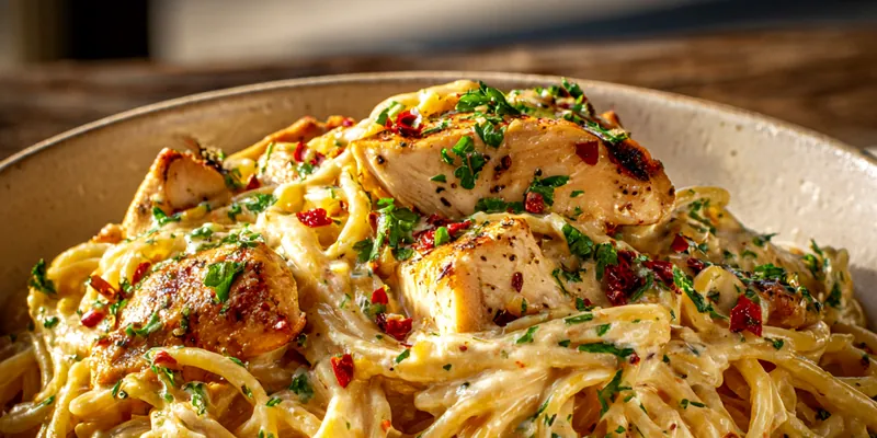 Golden Monterey Chicken Spaghetti with tender chicken pieces nestled in creamy cheese-coated pasta, garnished with fresh parsley and red pepper flakes on a rustic ceramic plate