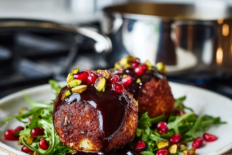 Close-up action shot of hands coating a croquette...