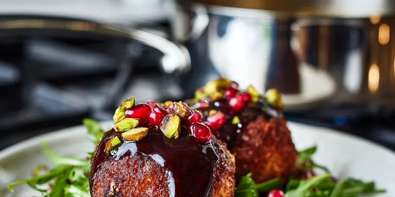 Two golden-brown Moroccan goat cheese croquettes sitting on fresh arugula, drizzled with glossy dark pomegranate glaze and garnished with bright red pomegranate arils and chopped green pistachios on a white ceramic plate