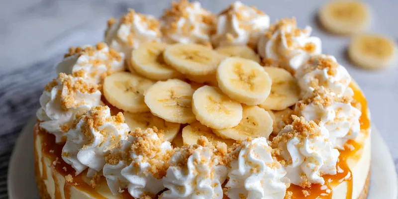 Stunning banoffee cheesecake on a white cake stand with golden caramel drips cascading down the sides, topped with swirls of whipped cream, fresh banana slices arranged in a circle, and crushed vanilla wafer crumbs sprinkled over fluffy cream rosettes against a light grey marble background